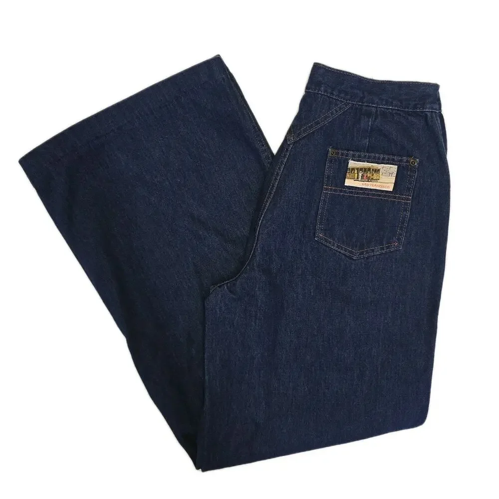 Vtg 70s San Francisco Riding Gear Wide Leg Jeans High Rise Dark Wash Denim 28